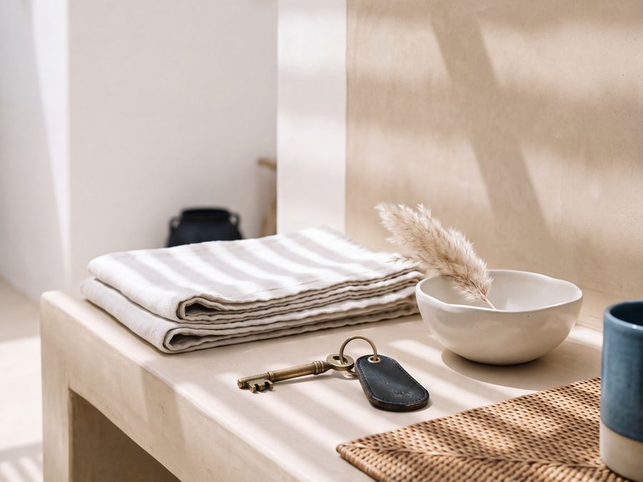Console en tadelakt avec linge plié et clé, sous une pergola