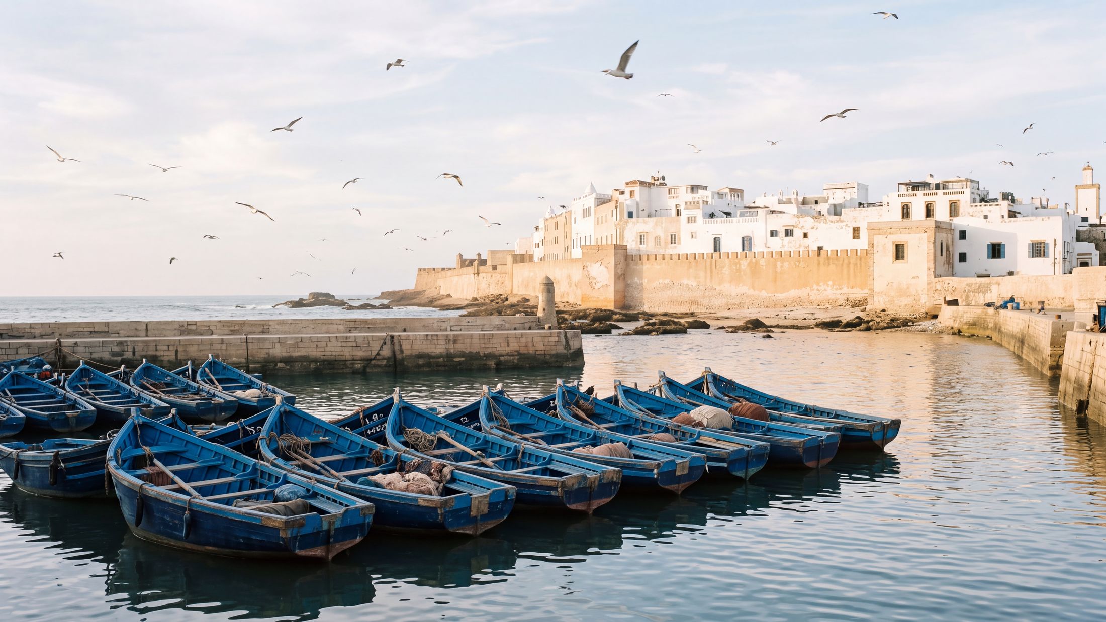 Port d'Essaouira, barques bleues et remparts de la Skala
